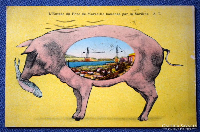 Antik humoros város képeslap grafikus malac keretben  Marseille kikötő Sardinia