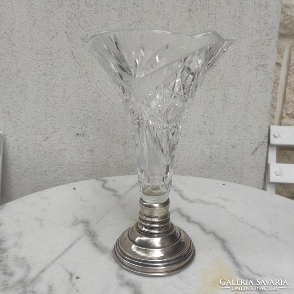 Gyönyörű antik ezüst váza kínáló , Asztalközép kristály felső résszel,Bőség szárú stílusú