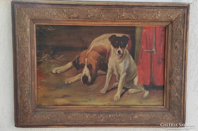 Antique large-scale oil painting interior with dogs, beautifully crafted