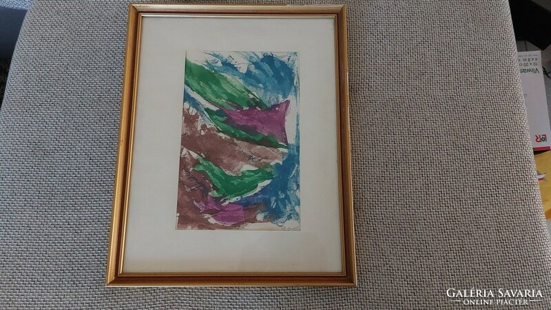 (K) signed abstract painting with frame 42x52 cm