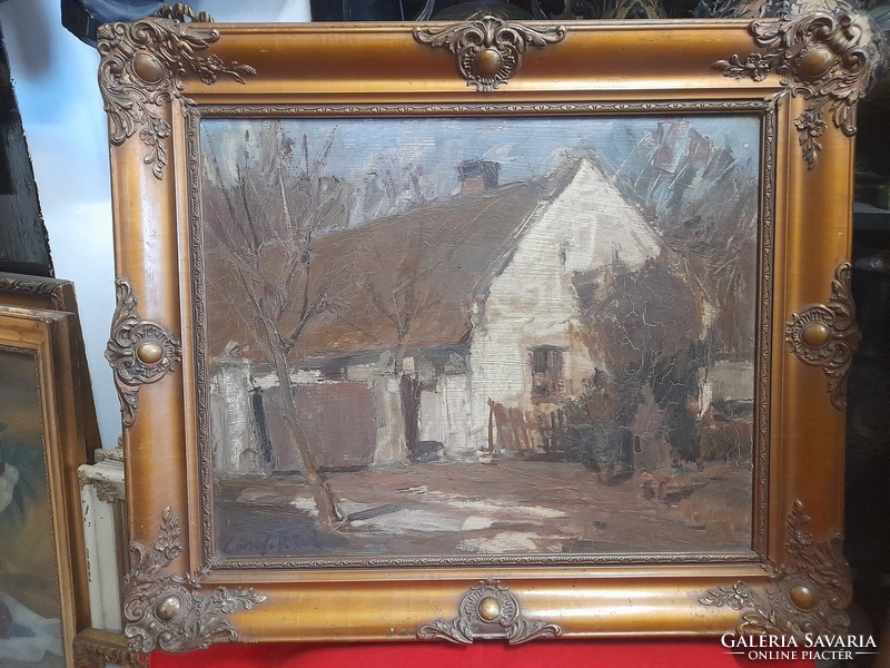 Oil, cardboard farmhouse painting. Marked.