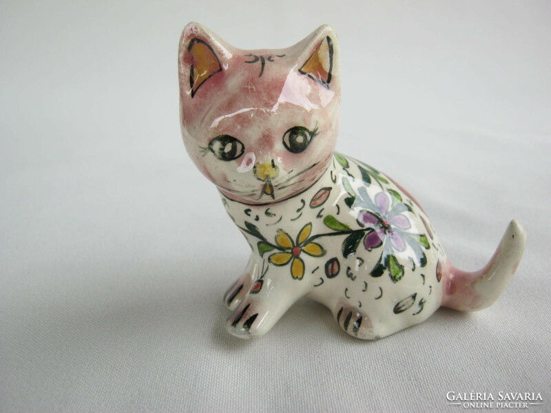 Kerámia cica macska kézzel festett virágos