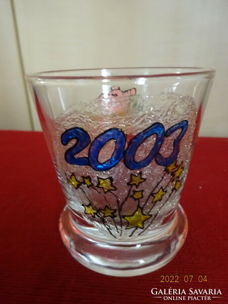 Újévi, vastag falú, üveg koktélos pohár 2003-ból. Vanneki! Jókai.