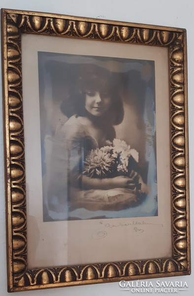Old beautiful photo of a young lady - in a gilded wooden frame, under glass - marked