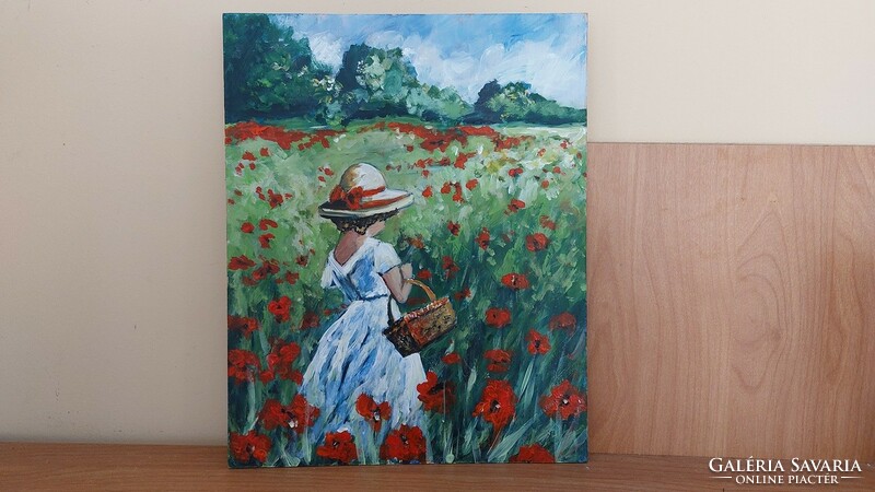 Poppy field with little girl with 24x30 cm frame