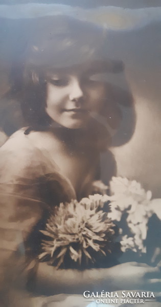 Old beautiful photo of a young lady - in a gilded wooden frame, under glass - marked
