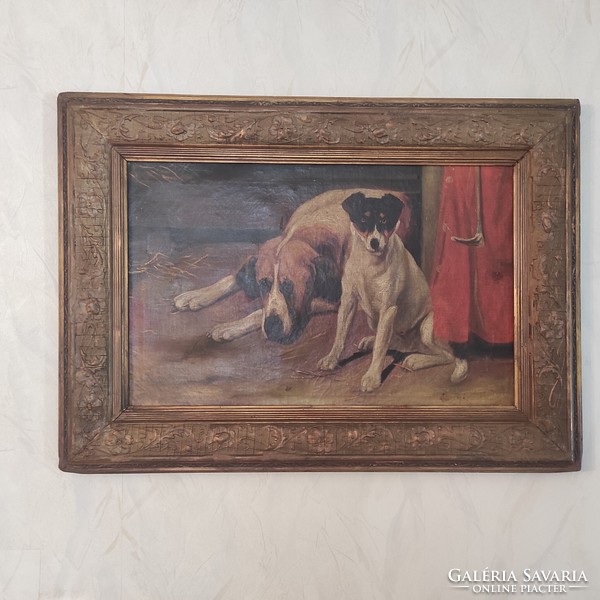 Antique large-scale oil painting interior with dogs, beautifully crafted