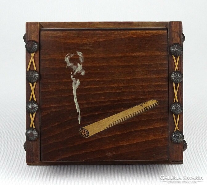 1J282 old small metal studded wooden cigarette box cigarette holder