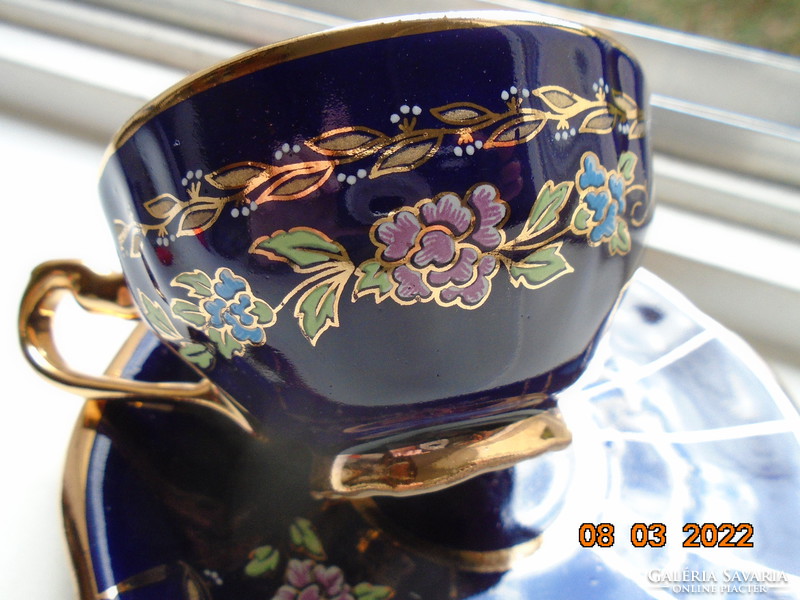 Kézzel festett Empire kobalt arany színes virágos kávés szett Limoges arany korona jelzéssel