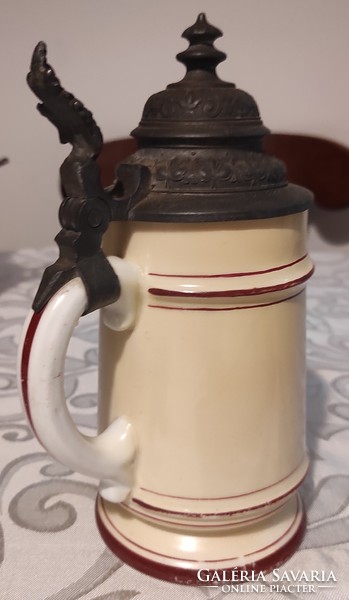 Antique tin jar! Alpine landscape cup with tin lid. Thick porcelain, signed tin cover!! Hologram, sailor