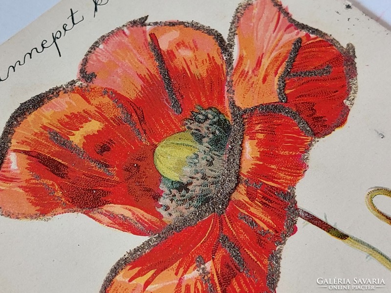 Régi képeslap 1901 virágos levelezőlap pipacs csillámos
