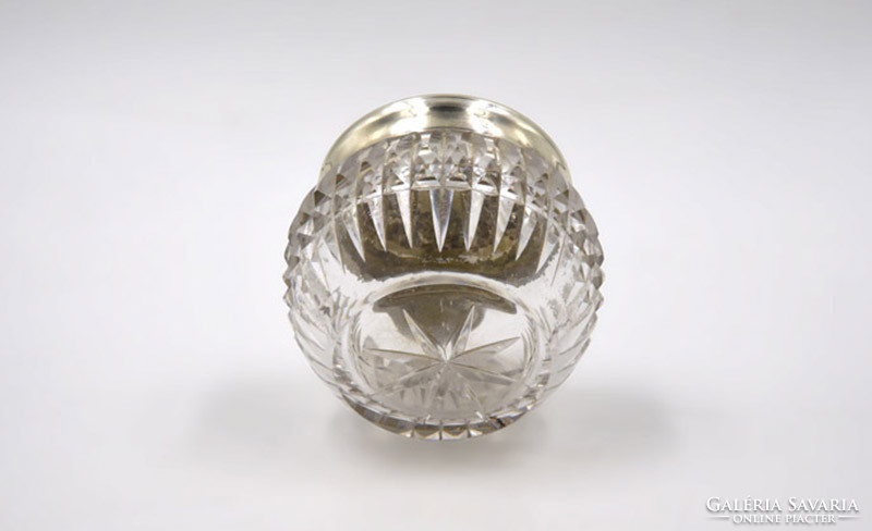 Ezüstfedeles szecessziós bonbonier, kisméretű, csiszolt üvegtégely. (1900-1939)