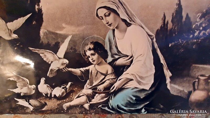 Régi szentkép fotó. 52 x 120 cm. fekete - fehér fotó,  régi, eredeti színezéssel. zínezve.