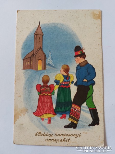 Régi karácsonyi képeslap 1939 népviseletes levelezőlap templom