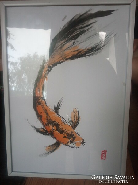 A beautiful Japanese-style ink-watercolor picture in a frame