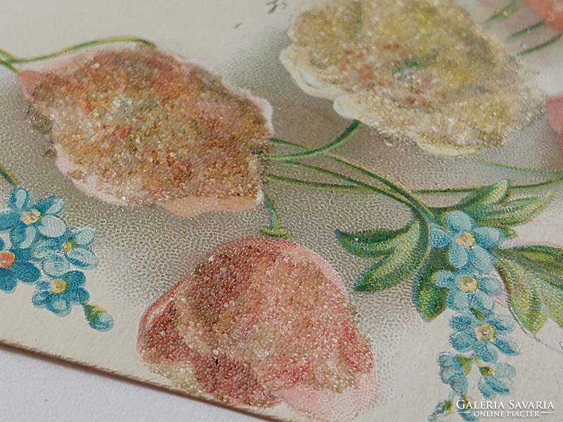 Régi képeslap 1900 virágos levelezőlap csillámos