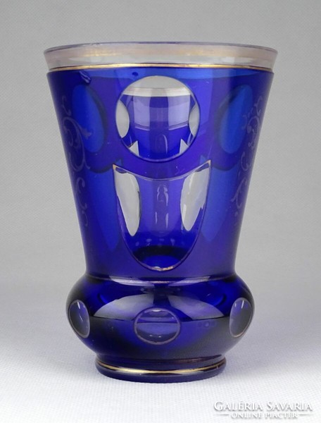 1F763 Antik csiszolt fújt üveg kék cseh Bieder pohár 10.5 cm