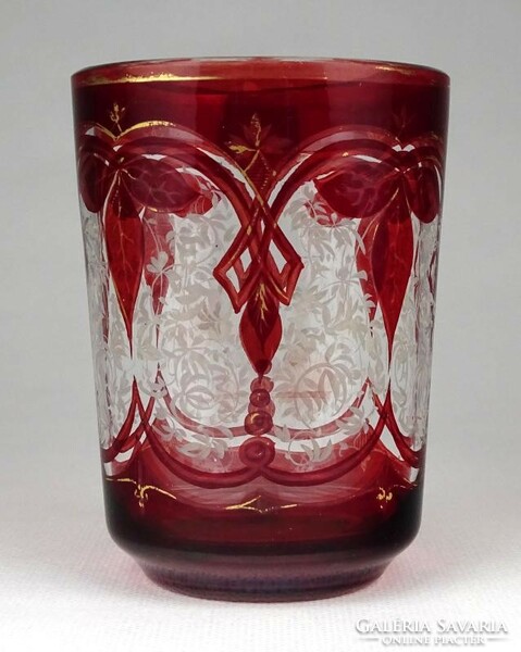 1F634 antique painted gilded Biedermeier crimson stained glass 10.5 Cm