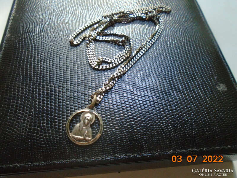 Openwork convex pendant of Our Lady Fatima with an apparition on the back, on a long flat chain