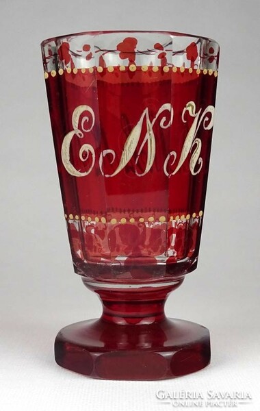 1F772 xix. Century polished crimson stained Biedermeier footed blown glass cure glass 14 cm