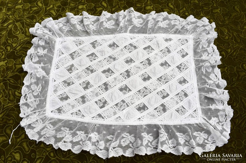 Antique swaddle blanket ruffled tablecloth with lace insert 30 x 48 cm + 11 cm ruffle