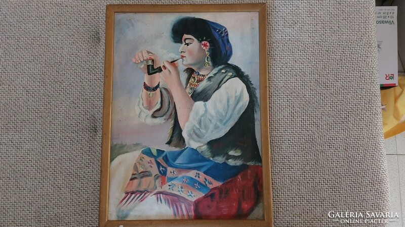 Pipázó cigánylány festmény 38x52 cm