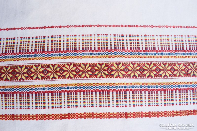 Antique linen decorative towel runner with folk pattern woven in tablecloth material 180 x 60 cm + 6 cm fringe