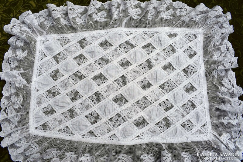 Antique swaddle blanket ruffled tablecloth with lace insert 30 x 48 cm + 11 cm ruffle