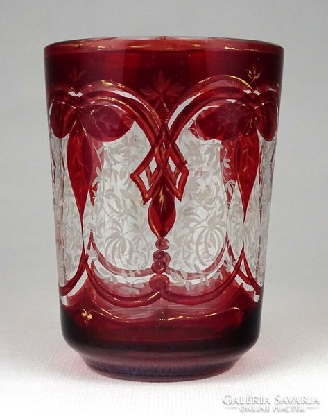 1F634 Antik festett aranyozott Biedermeier bíborpácolt pohár 10.5 cm