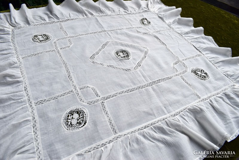 Antique lace inlay ruffled batiste tablecloth, blanket light thin material 68 x 58 cm + 12 cm ruffle