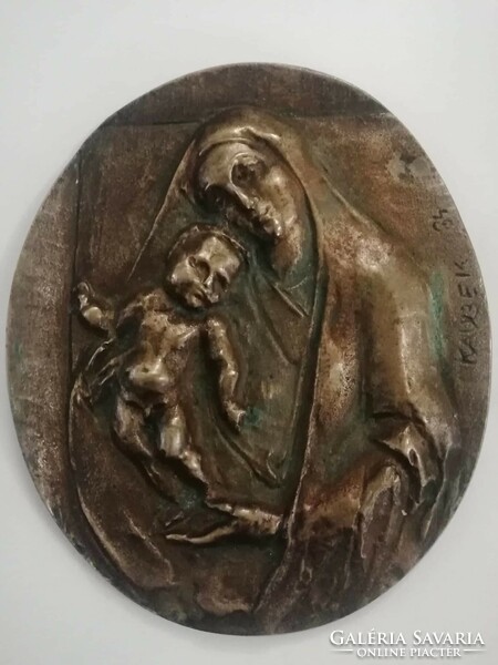 Bronze plaque by sculptor Péter Kaubek Mary with little Jesus