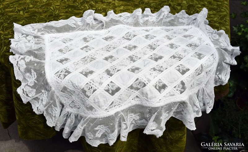 Antique swaddle blanket ruffled tablecloth with lace insert 30 x 48 cm + 11 cm ruffle