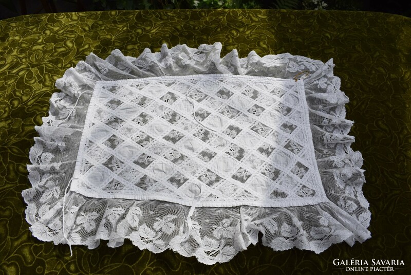 Antique swaddle blanket ruffled tablecloth with lace insert 30 x 48 cm + 11 cm ruffle