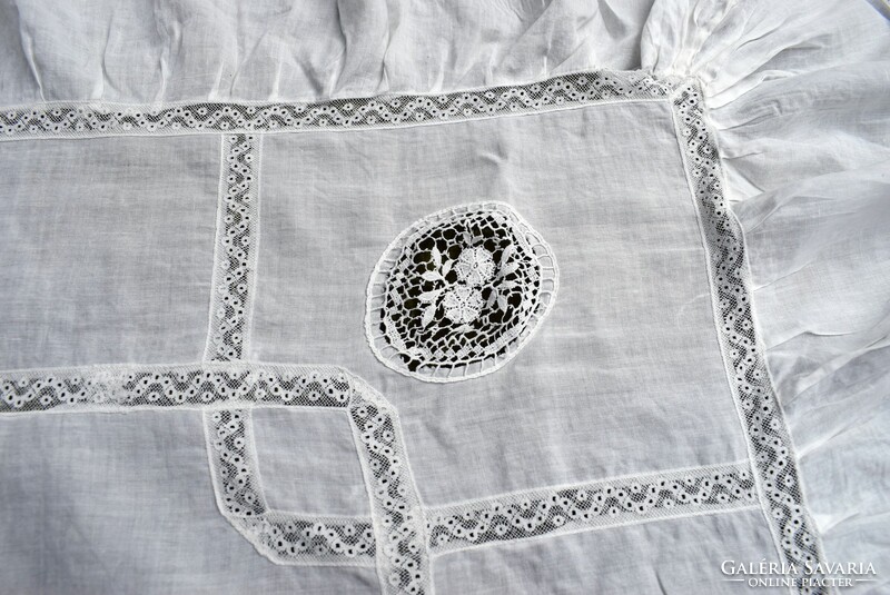 Antique lace inlay ruffled batiste tablecloth, blanket light thin material 68 x 58 cm + 12 cm ruffle