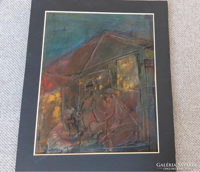 Quality signed painting with figures 50x70 cm with mount