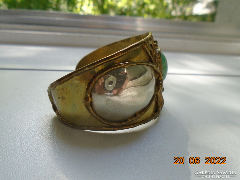 Modernist micentury gold-plated, silver-plated, green stone wide cuff bracelet with applied patterns