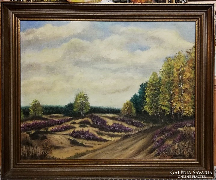 In a lavender field - marked, beautiful oil painting ( km: 49 x 59 )