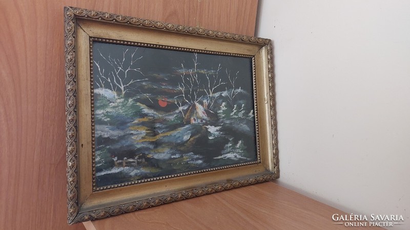 (K) Tájkép kis házikóval festmény 31x29 cm kerettel