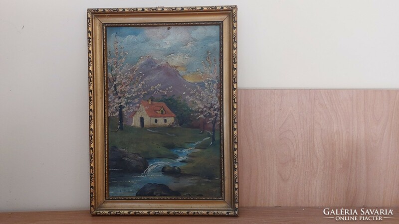 (K) Tájkép kis házikóval festmény 25x35 cm kerettel