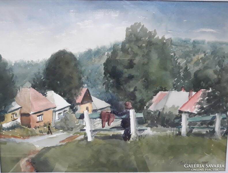 Lajos Káldy: hillside with street, original marked watercolor 1985