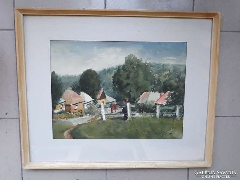 Káldy Lajos: Domboldal utcácskával, eredeti jelzett akvarell 1985
