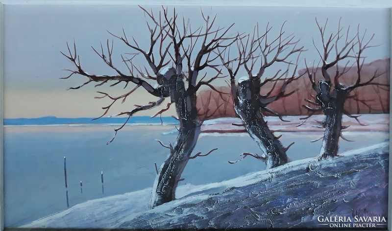 Gyula Várkonyi: winter landscape, original marked olive tree
