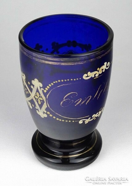 1F774 XIX. századi kézzel festett kobaltkék fújt üveg Bieder pohár 12.5 cm
