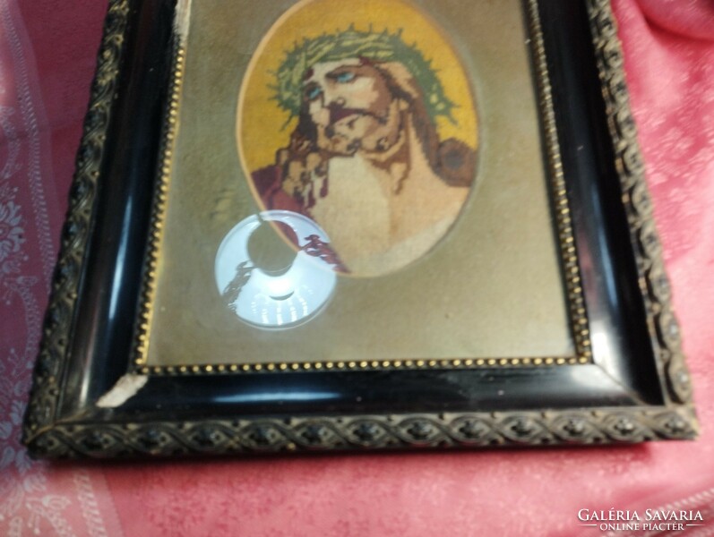 Pair of antique tapestries in a glass frame: Jesus Christ and the Virgin Mary