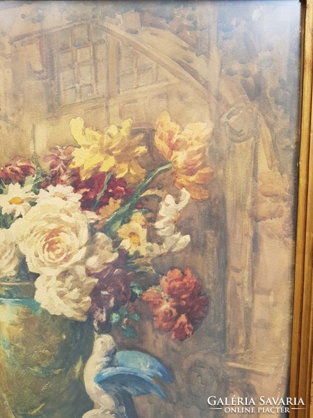 IMPOZÁNS!!! Komáromi Kacz Endréné akvarell virágcsendélet ablakban eozinos Zsolnay vázával festmény