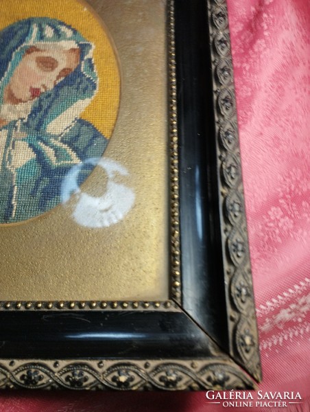 Pair of antique tapestries in a glass frame: Jesus Christ and the Virgin Mary