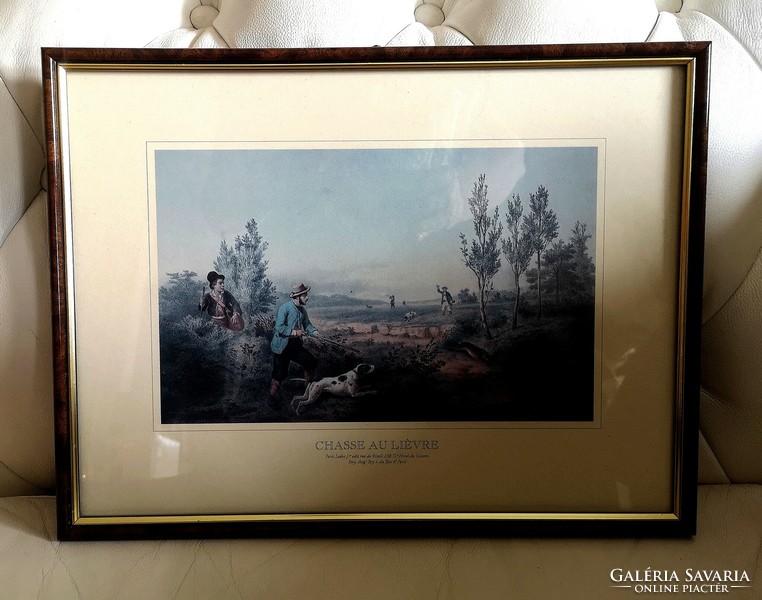 Rabbit hunting, 42 x 31 cm hunting scene graphic print, under glass, in an elegant frame