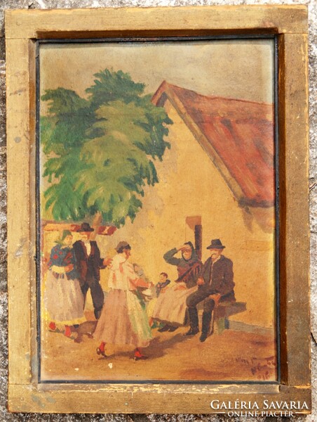 Following Sándor Nyilasy: family joy, 1936 - oil on cardboard painting, in original frame