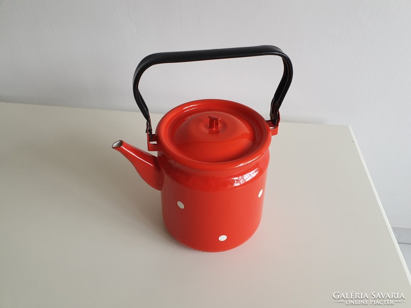 Old retro large size 3 l polka dot red enamel pot vintage enameled 3 liter teapot