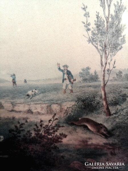 Nyúlvadászat, 42 x 31 cm vadászjelenetes grafikai nyomat, üveglap alatt, elegáns keretben
